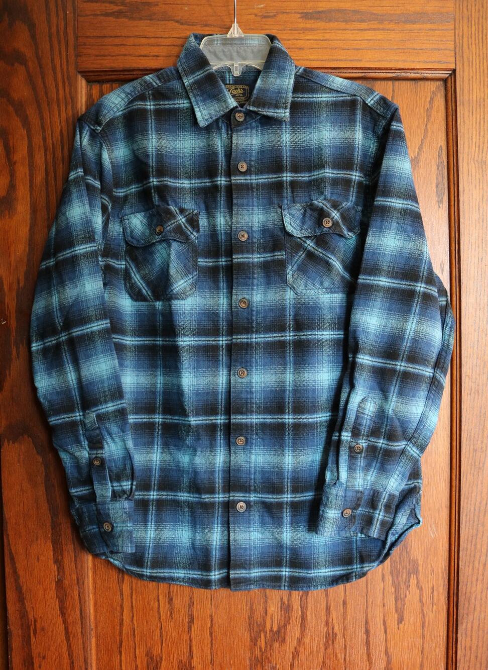 JACHS Flannel Shirt Mens Large 16 Neck Blue‎ Black Plaid 100 Cotton Button Down